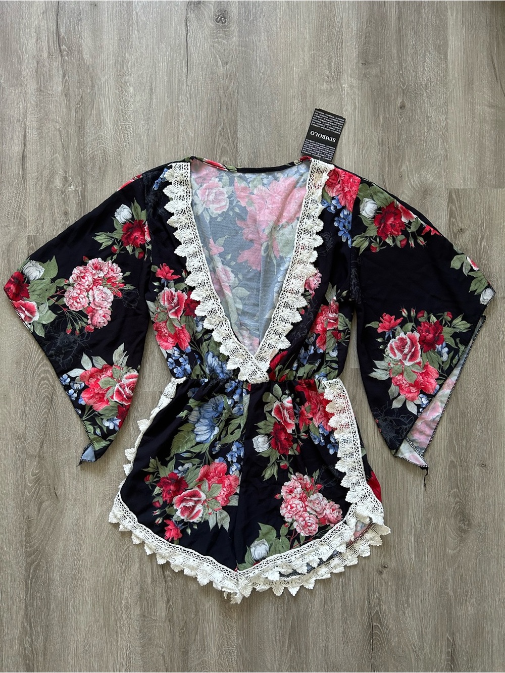 Floral Lace-Trim Black Romper by - V-Neck Kimono Romper